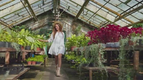 Young Woman Walking Through Greenhouse Full of Plants
