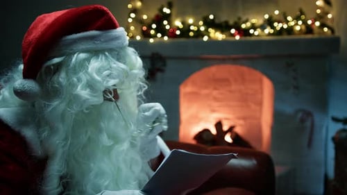 Santa Claus Reads Christmas Letters in Front of the Fireplace