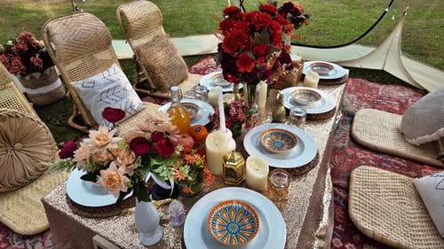 Pan movement. Table setting for date, Ramadan Feast Celebrations, Eid Mubarak Concept Video