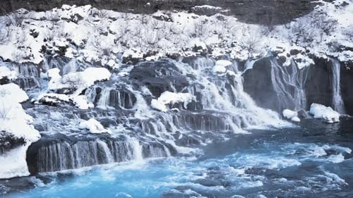 Waterfall Iceland Snowy Mountain Cold River Winter Blue Glacial Water Magical