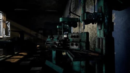Abandoned Workshop with Machinery and Worn Walls in Dim Lighting