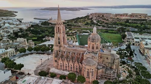 Aerial view of the historic architecture and coastline of Malta