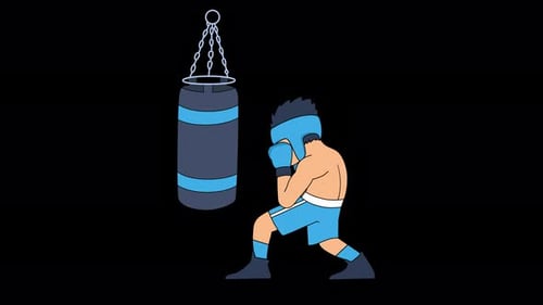 Flat Design Boxer Character Training Animation with Punching Bag