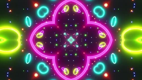 Colorful pattern with circles and lights on black background. Kaleidoscope VJ loop