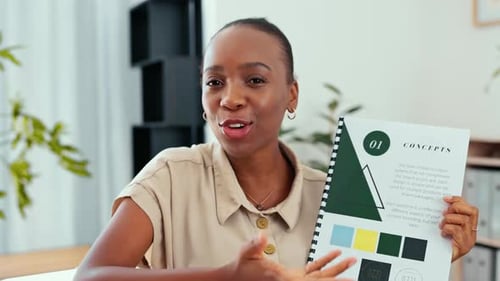 Face, black woman and video call with paperwork for business concepts in office
