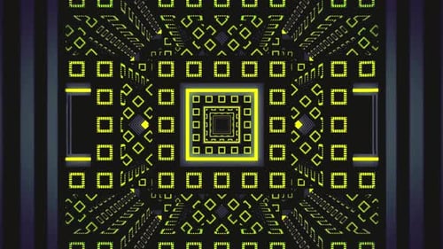 Abstract Geometric Pattern Kaleidoscope Design Green Yellow Black Squares Rectangles Repeating Symme