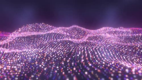 Puntos brillantes rosados y blancos que forman ondas digitales sobre un fondo violeta con un movimiento suave