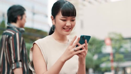 Professional, woman and laughing with smartphone in city for funny text message
