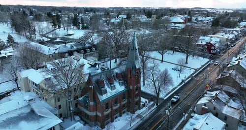 Linden Hall School for Girls in winter snow, Lititz PA. Moravian Church and grounds in Lancaster Cou