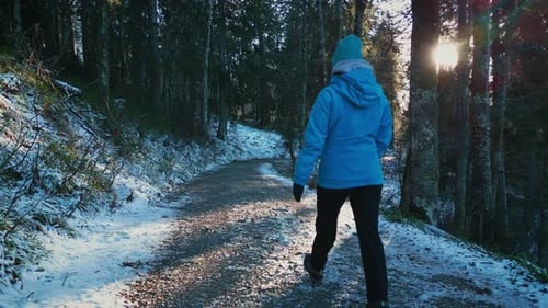 Back follow shot of woman walking in winter snowy frosty forest. Travel concept