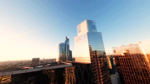 Paris Aerial. Modern La Defense FPV drone aerial view.