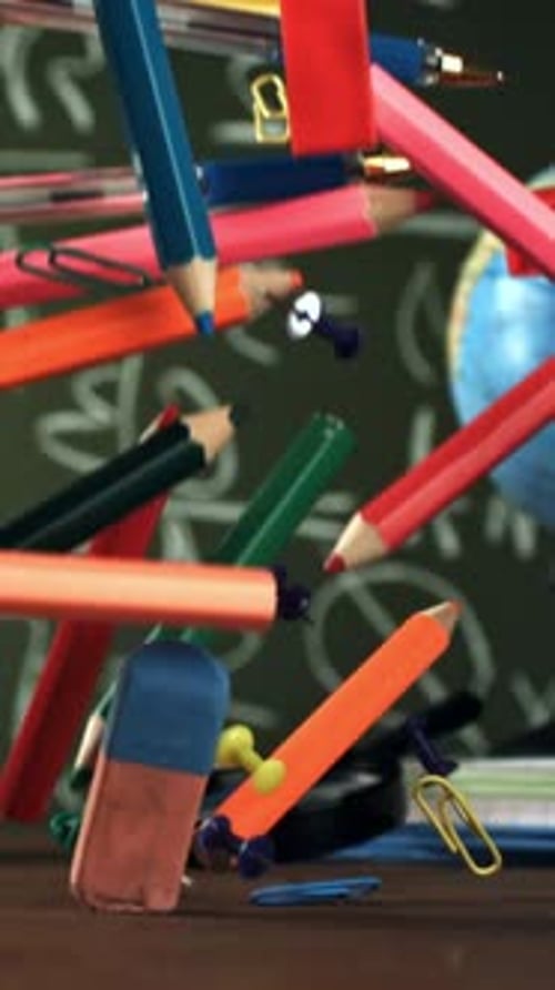 Various School Tools Fall on the Desk Filmed on a Highspeed Camera at 1000 Fps