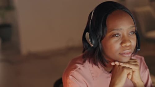 Night call center, IT woman with computer thinking of solution, problem solving strategy