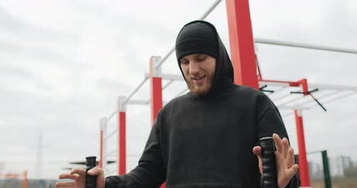 Training Motivation Athlete Man Working Out Outside on the Outdoor Gym Doing Abs Work Out Strong Fit