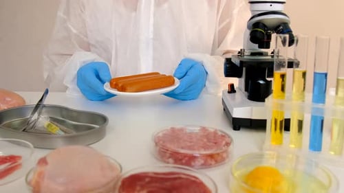 Examine a carne no laboratório com foco seletivo