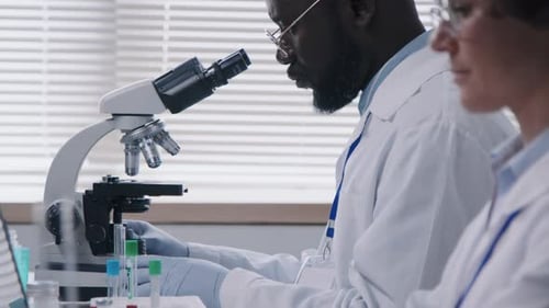 Científico que trabaja con un microscopio con su colega