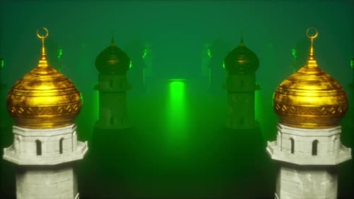 Golden Mosque Minarets with Crescent Moon Loop Animation