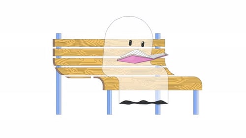 Lo-fi cute ghost reading book on wooden park bench 2D character animation