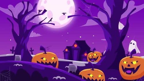 Halloween Night Animated Scene with Haunted House, Pumpkins, and Ghosts