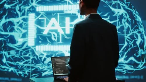 AI System Administrator Using Laptop Device in High Tech Futuristic Workspace