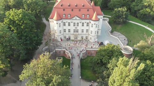 Medieval Renovated royal palace of Lesnica, Poland, static aerial shot