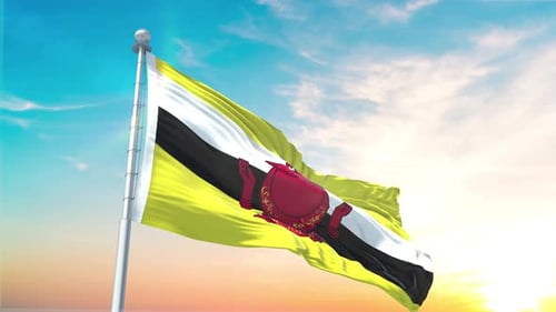 Realistic Brunei National Flag Waving Against a Bright Blue Sky