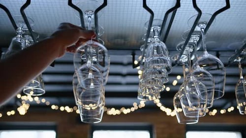 Clean Wine Glasses Hanging Upside Down a Bar Rack in Restaurant