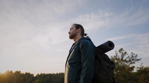 Wandermann steht in der Nähe des Waldes und betrachtet die Landschaft