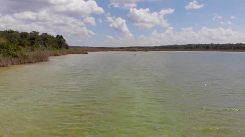 Drone Aerial View of a big lake near Bacalar in Mexico