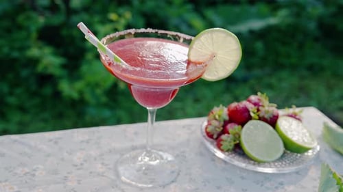 Margarita de fresa virgen con rodaja de lima y borde de azúcar en una terraza soleada