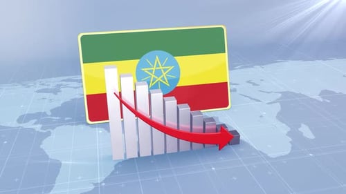 Ethiopia Flag With Decrease Bar Chart Graph And Arrow Red