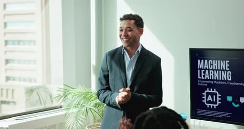 Enthusiastic Man Presenting Machine Learning Technologies