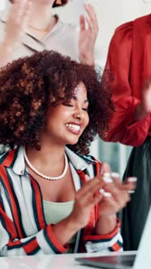 Office, applause and women with laptop for success, online project and creative copywriting