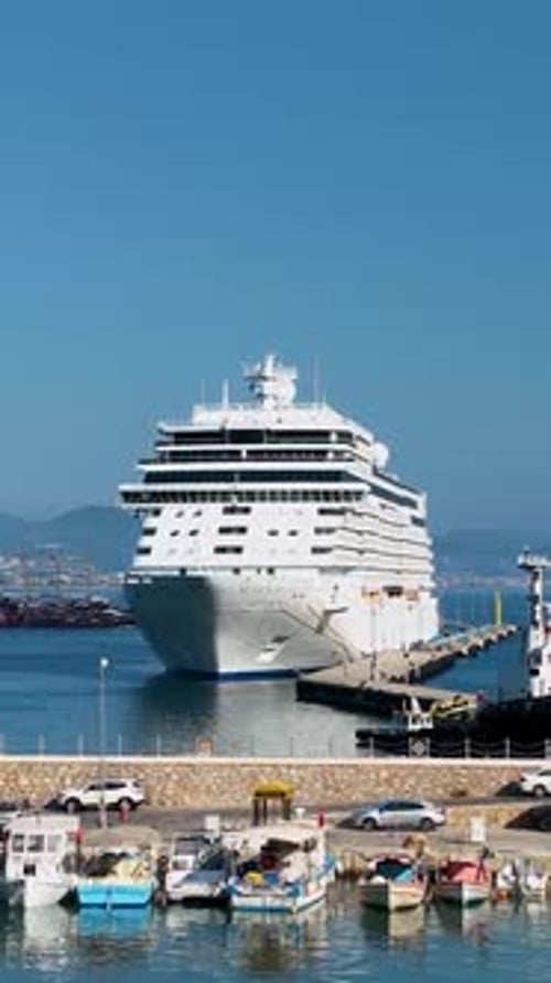 Vertical Video Big White Cruise Ship is Standing in the Port