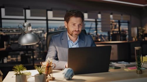 Late Employee Working Laptop Evening Office Closeup Businessman Reading Email