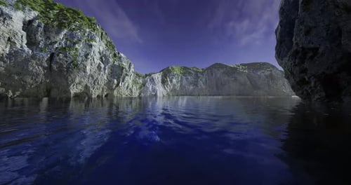 Majestic Rocky Cliffs Reflected in Serene Waters Under Vibrant Blue Sky