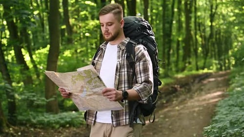 Searching the way, holding map. Male tourist is with backpack in the forest.