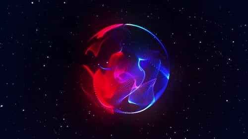 Abstract blue and red bright glowing digital cosmic round sphere rotating and moving in the space