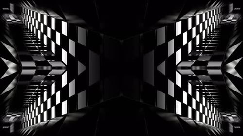 Schwarz-weißes Neon-Schachbrett auf Stacheln, Kaleidoskop-Hintergrund, VJ Loop in 4K