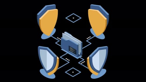 Pasta isométrica com animação de escudo. Proteção de dados. Segurança de pastas. Documentos e pastas seguros