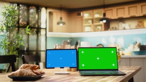Chroma Key and Blue Screen in Kitchen Interior with Breakfast Table