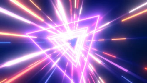 Abstract purple energy futuristic hi-tech tunnel of flying triangles