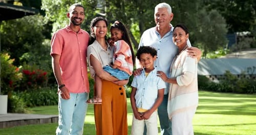 Summer, garden and happy family with grandparents smile together on holiday or vacation