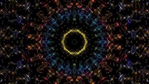 Animated digital abstract. Colorful curved and circular lines on black background, seamless loop