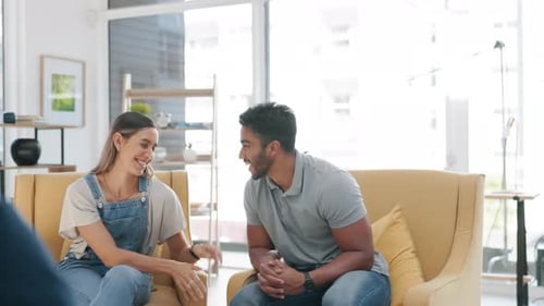 Happy, couple and therapy at psychologist for advice, counselling services and life coach