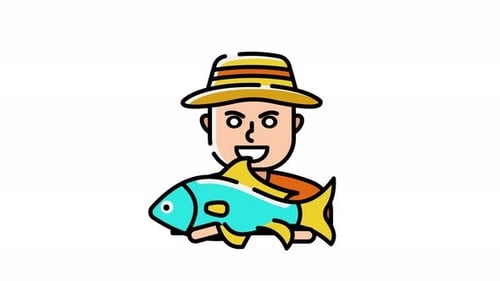 Animated Happy Fisherman Holding Fish Flat Design Icon