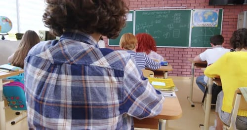 Back View of Preteen Students Sitting on Their Personal Desks at Modern Classroom Confident Pupils