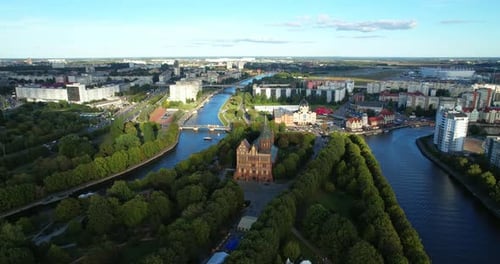Kaliningrad City Aerial View Cathedral on Immanuel Kant Island Top View