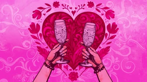 Animated Hands Toasting Champagne with Romantic Floral Heart Background