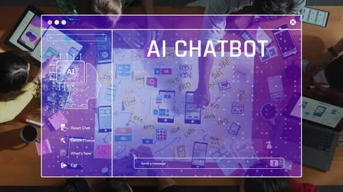 Interface de tecnologia interativa que mostra os recursos do AI Chatbot com diversos usuários engajados no Moder